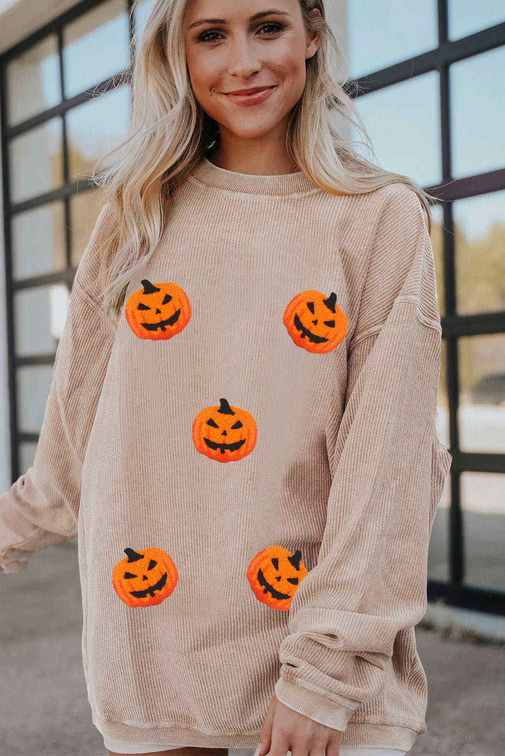 Apricot Twisted Rib Texture Chenille Halloween Pumpkin Patched Drop Shoulder Sweatshirt-Graphic/Graphic Sweatshirts-[Adult]-[Female]-2022 Online Blue Zone Planet