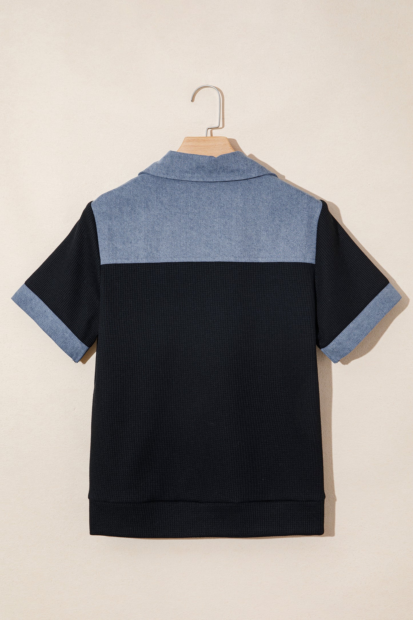 Black Waffle Knit Denim Color Block Patchwork Button Flap Polo Top-Tops/Blouses & Shirts-[Adult]-[Female]-2022 Online Blue Zone Planet