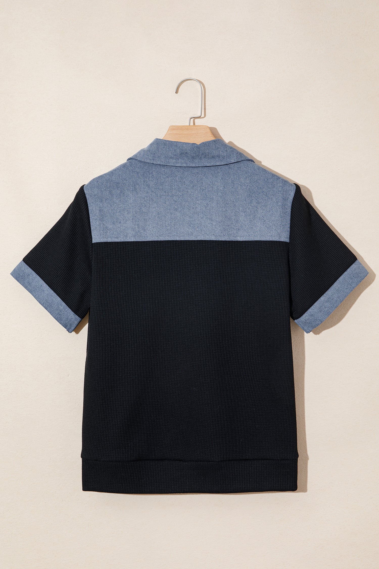 Black Waffle Knit Denim Color Block Patchwork Button Flap Polo Top-Tops/Blouses & Shirts-[Adult]-[Female]-2022 Online Blue Zone Planet