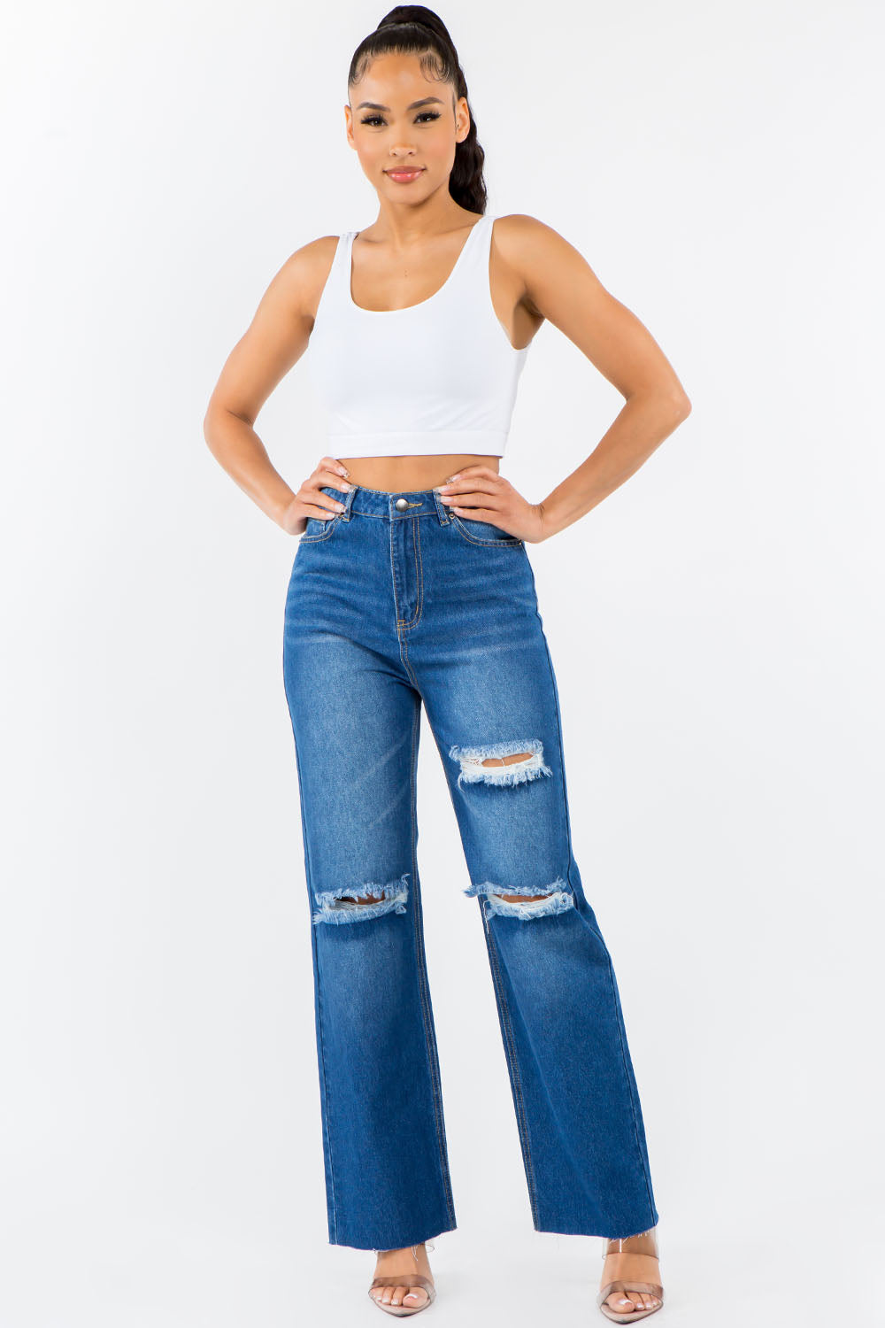 Blue Zone Planet | American Bazi High Waist Distressed Wide Leg Jeans-TOPS / DRESSES-[Adult]-[Female]-Blue-1-2022 Online Blue Zone Planet