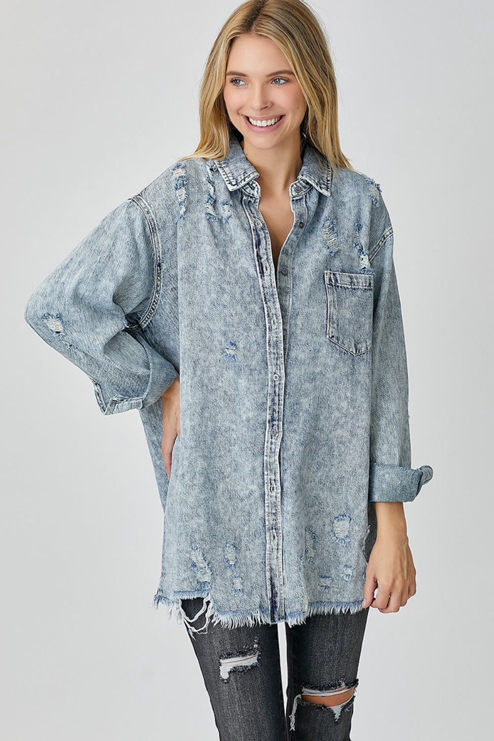 Blue Zone Planet | RISEN Distressed Raw Hem Denim Shirt-TOPS / DRESSES-[Adult]-[Female]-Acid Light-S-2022 Online Blue Zone Planet