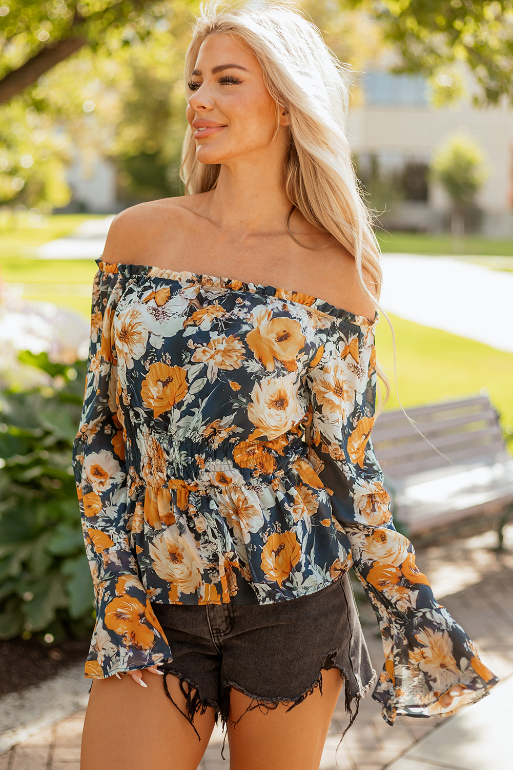 Blue Floral Off Shoulder Bell Sleeve Smocked Peplum Top-Tops/Blouses & Shirts-[Adult]-[Female]-2022 Online Blue Zone Planet
