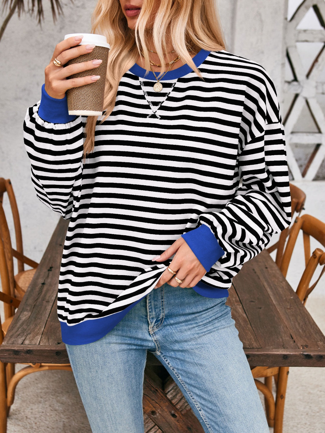 Blue Zone Planet | Lovelet Contrast Striped Long Sleeve Sweatshirt-TOPS / DRESSES-[Adult]-[Female]-Black-S-2022 Online Blue Zone Planet