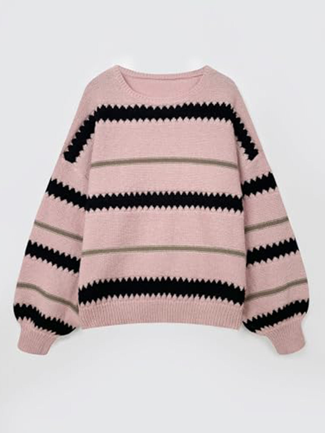 Contrast Striped Round Neck Long Sleeve Sweater-TOPS / DRESSES-[Adult]-[Female]-2022 Online Blue Zone Planet