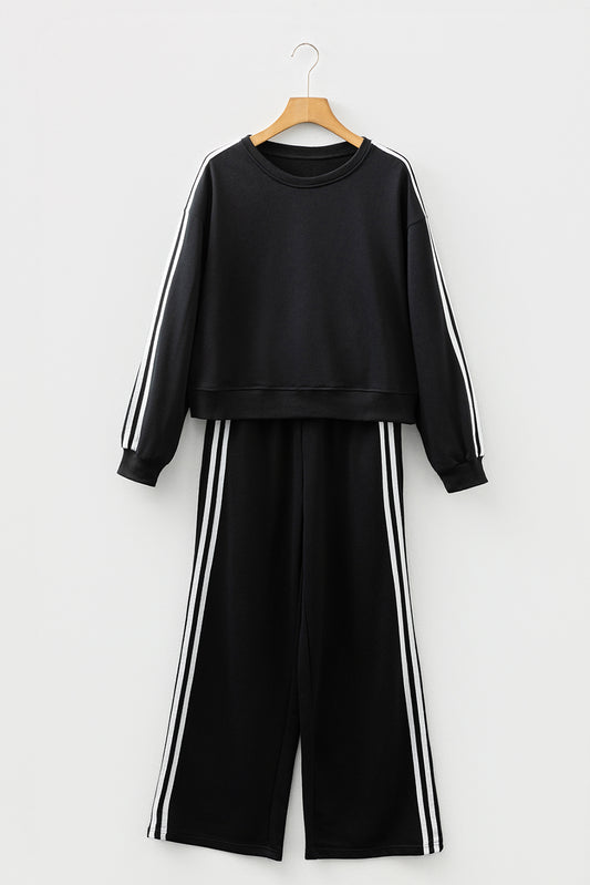 Gray Morn Varsity Striped Detail Crewneck Pullover Elastic Sweatpants 2pcs Outfit-Two Piece Sets/Pant Sets-[Adult]-[Female]-2022 Online Blue Zone Planet