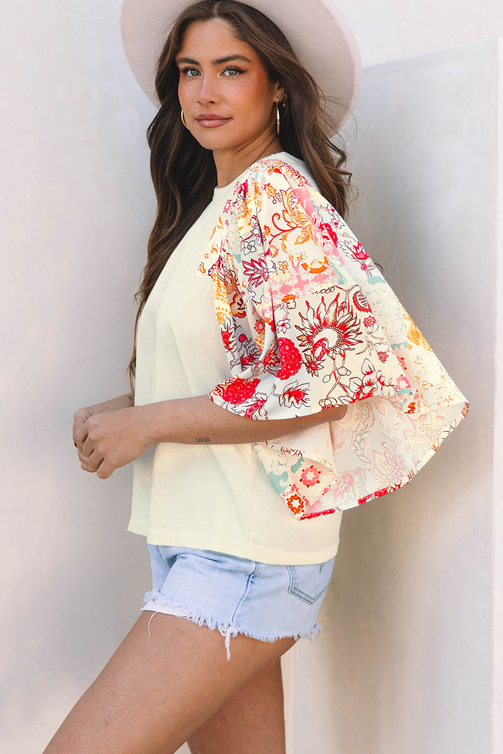 Blue Zone Planet | Beige Floral Patchwork Half Batwing Sleeve Blouse-Tops/Blouses & Shirts-[Adult]-[Female]-2022 Online Blue Zone Planet