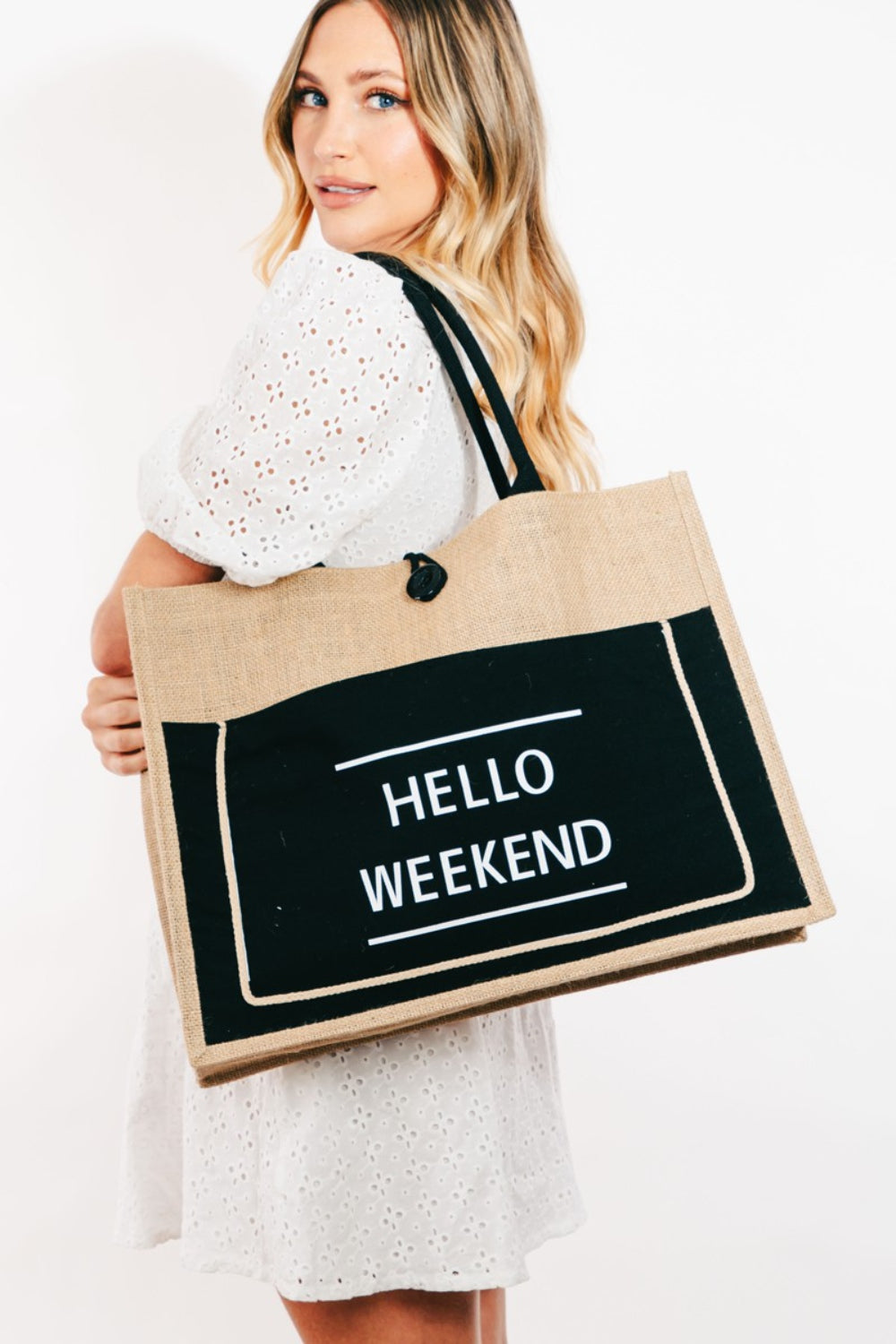 Fame Hello Weekend Burlap Tote Bag-HANDBAGS-[Adult]-[Female]-2022 Online Blue Zone Planet