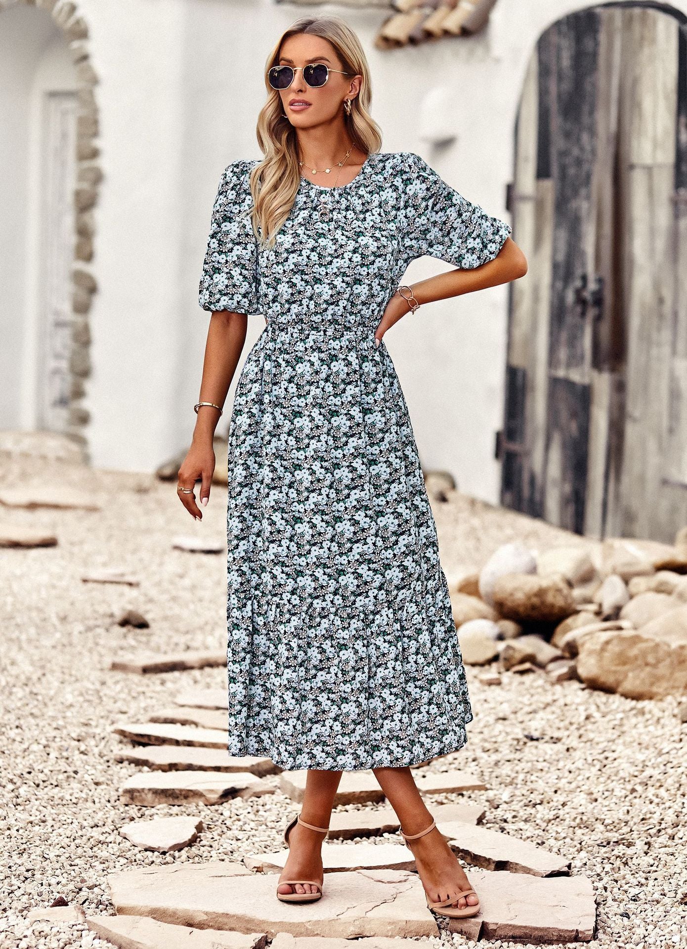 Floral Cutout Puff Sleeve Midi Dress-TOPS / DRESSES-[Adult]-[Female]-Green-L-2022 Online Blue Zone Planet