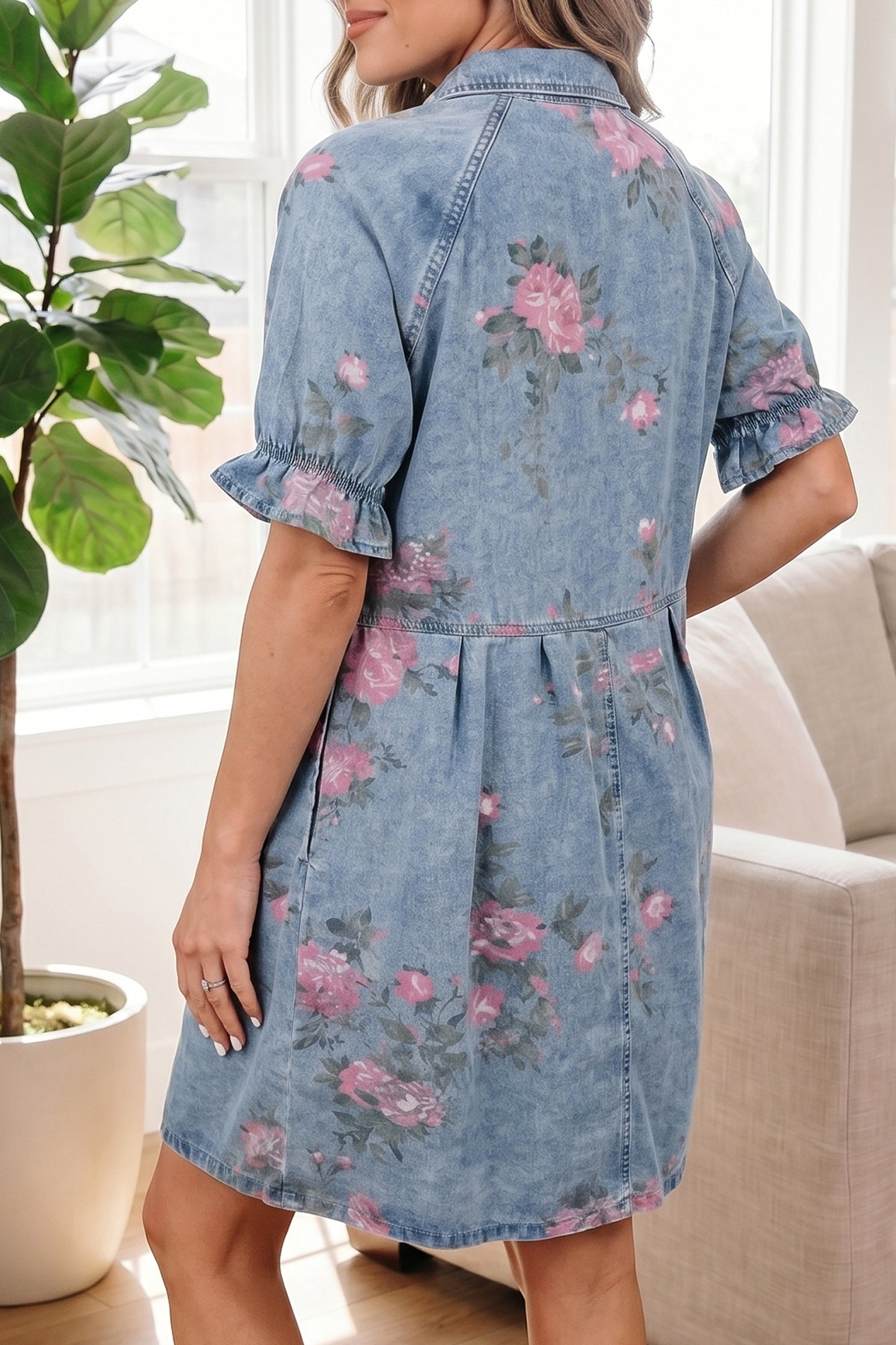 Sky Blue Floral Print Denim Short Sleeve Button Down Dress-Dresses/Mini Dresses-[Adult]-[Female]-2022 Online Blue Zone Planet