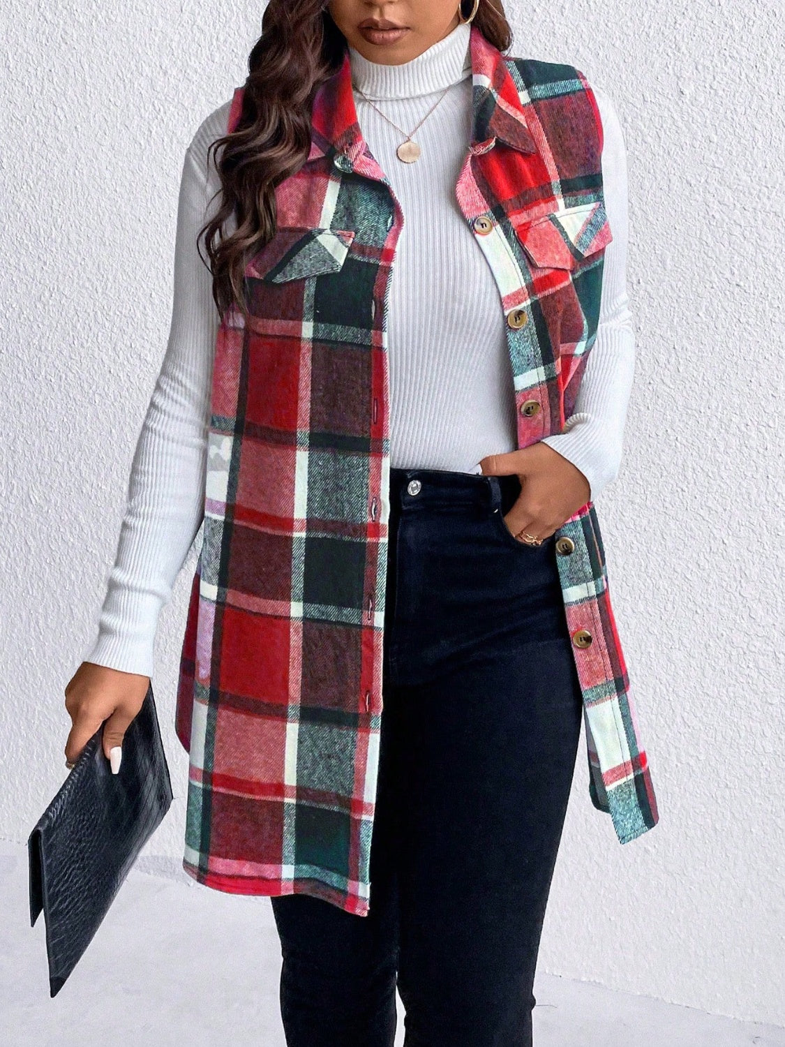 Honey Plus Size Pocketed Plaid Button Up Vest Coat-TOPS / DRESSES-[Adult]-[Female]-2022 Online Blue Zone Planet