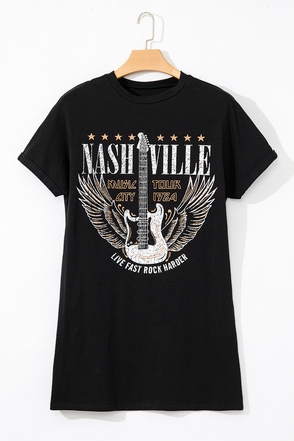 Black Nashville Guitar Print Crew Neck T Shirt Mini Dress-TOPS / DRESSES-[Adult]-[Female]-2022 Online Blue Zone Planet
