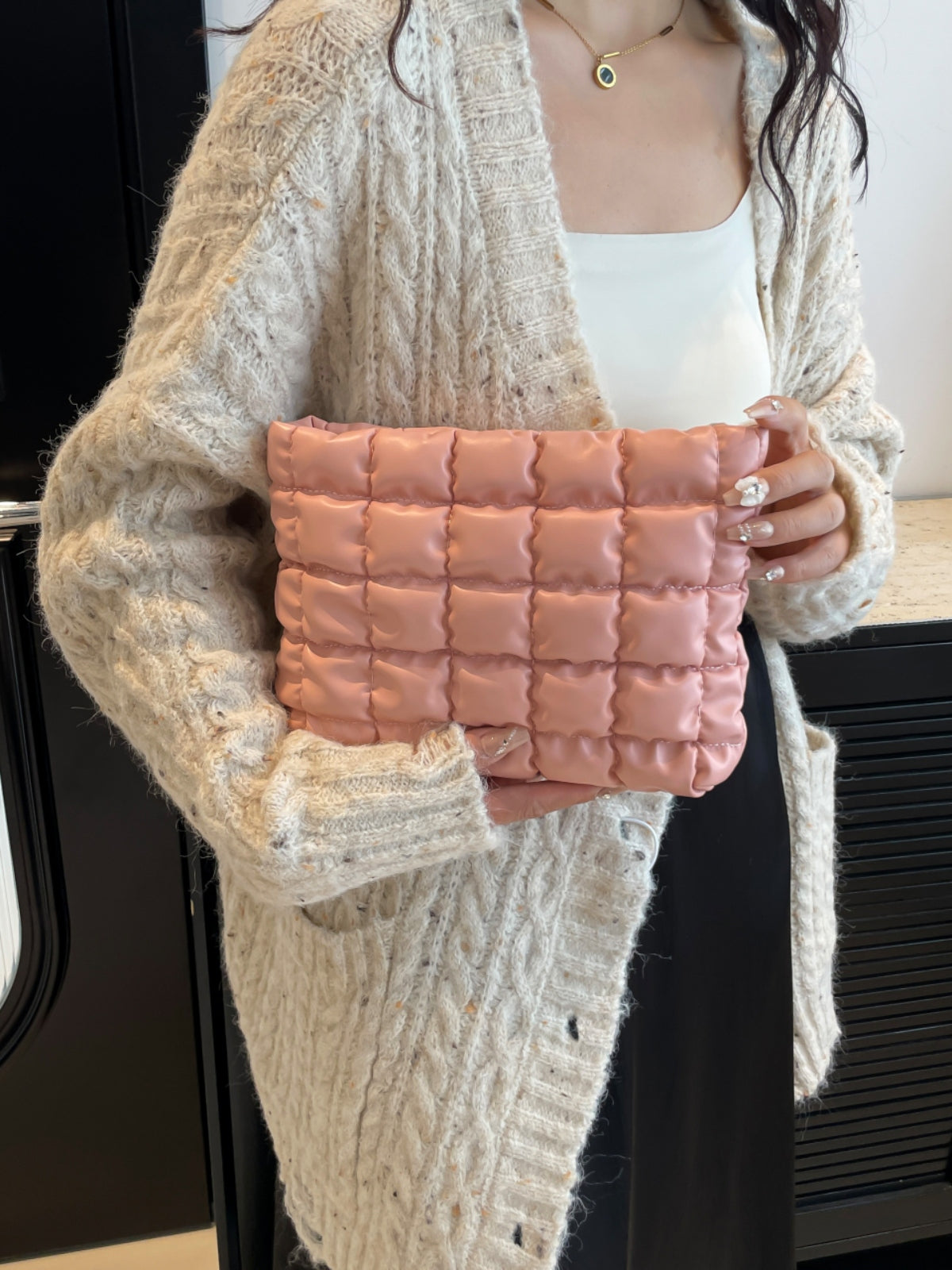 Quilted Plaid Clutch with Zipper-HANDBAGS-[Adult]-[Female]-Dusty Pink-One Size-2022 Online Blue Zone Planet