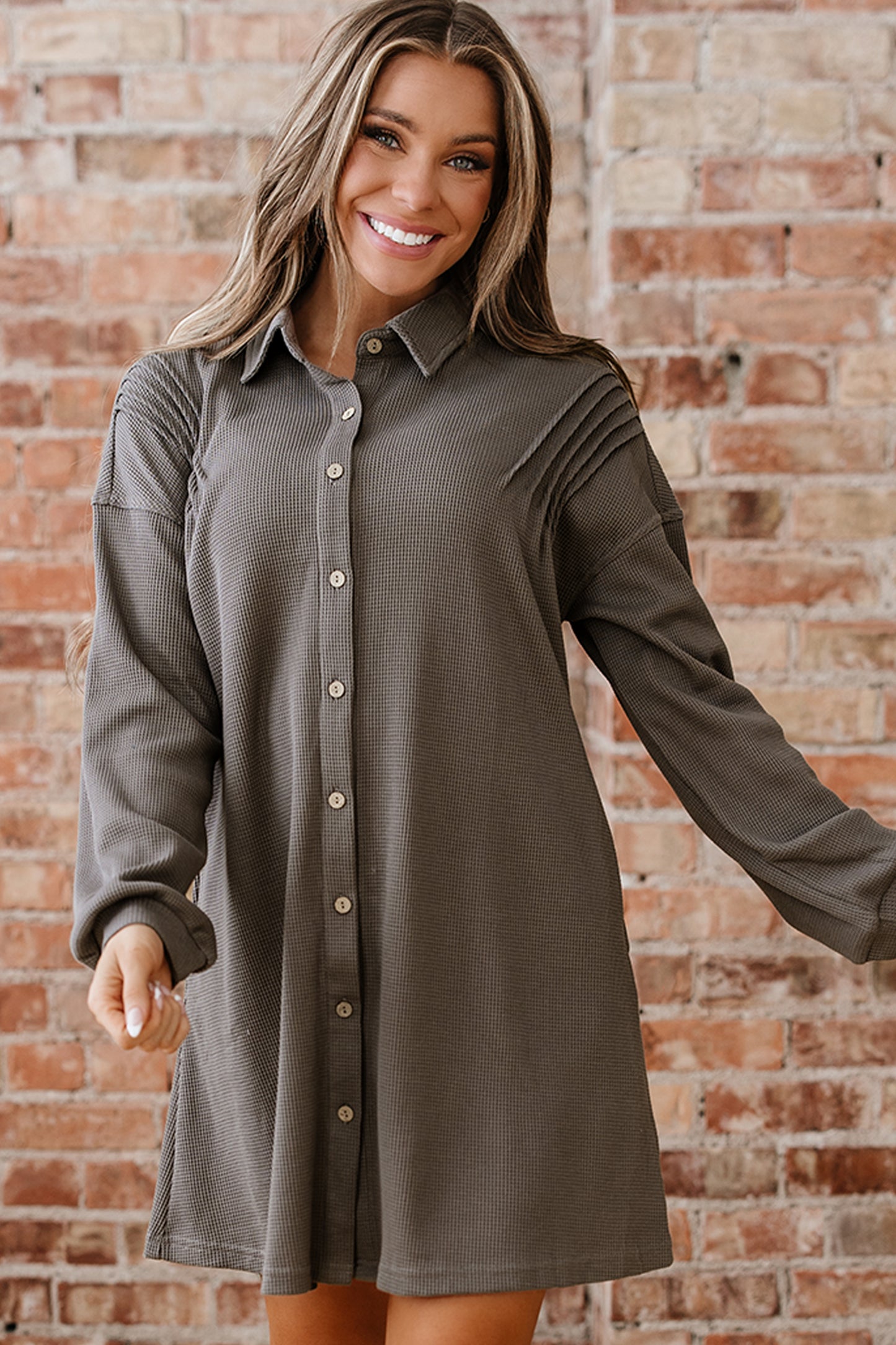 Simply Taupe Waffle Knit Shirt Tunic Dress-Dresses/Mini Dresses-[Adult]-[Female]-2022 Online Blue Zone Planet