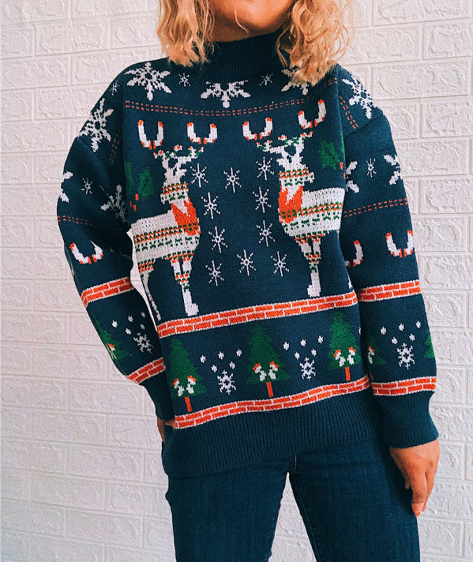 Women's Christmas Themed Elk Snowflake Christmas Tree Knit Sweater Sweater-[Adult]-[Female]-Blue-S-2022 Online Blue Zone Planet