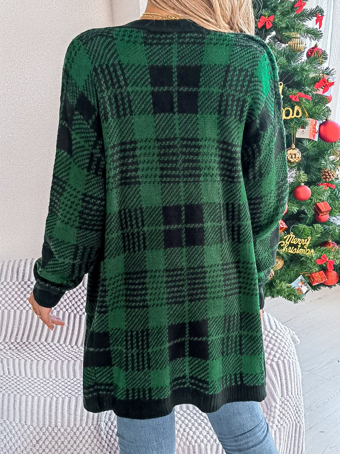 Plaid Open Front Long Sleeve Cardigan-TOPS / DRESSES-[Adult]-[Female]-2022 Online Blue Zone Planet