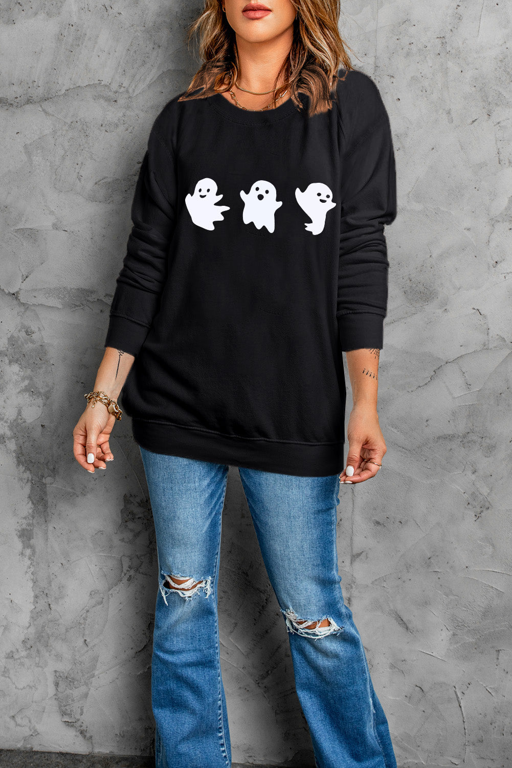 Blue Zone Planet | Ghost Round Neck Long Sleeve Sweatshirt-TOPS / DRESSES-[Adult]-[Female]-2022 Online Blue Zone Planet