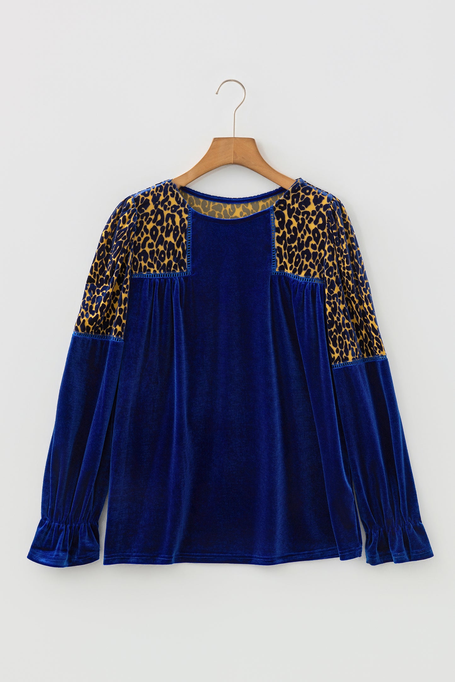 Sky Blue Leopard Patchwork Shoulder Flounce Sleeve Velvet Blouse-Tops/Blouses & Shirts-[Adult]-[Female]-2022 Online Blue Zone Planet