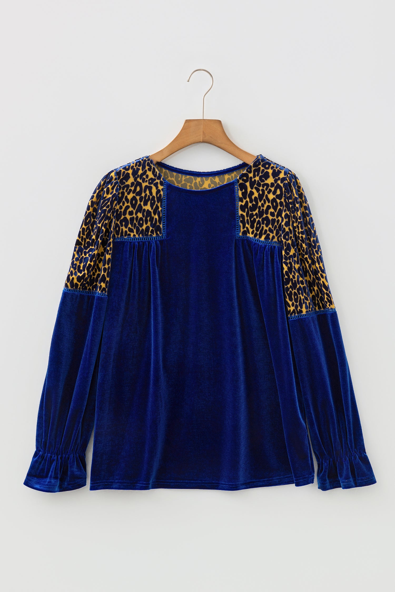 Sky Blue Leopard Patchwork Shoulder Flounce Sleeve Velvet Blouse-Tops/Blouses & Shirts-[Adult]-[Female]-2022 Online Blue Zone Planet