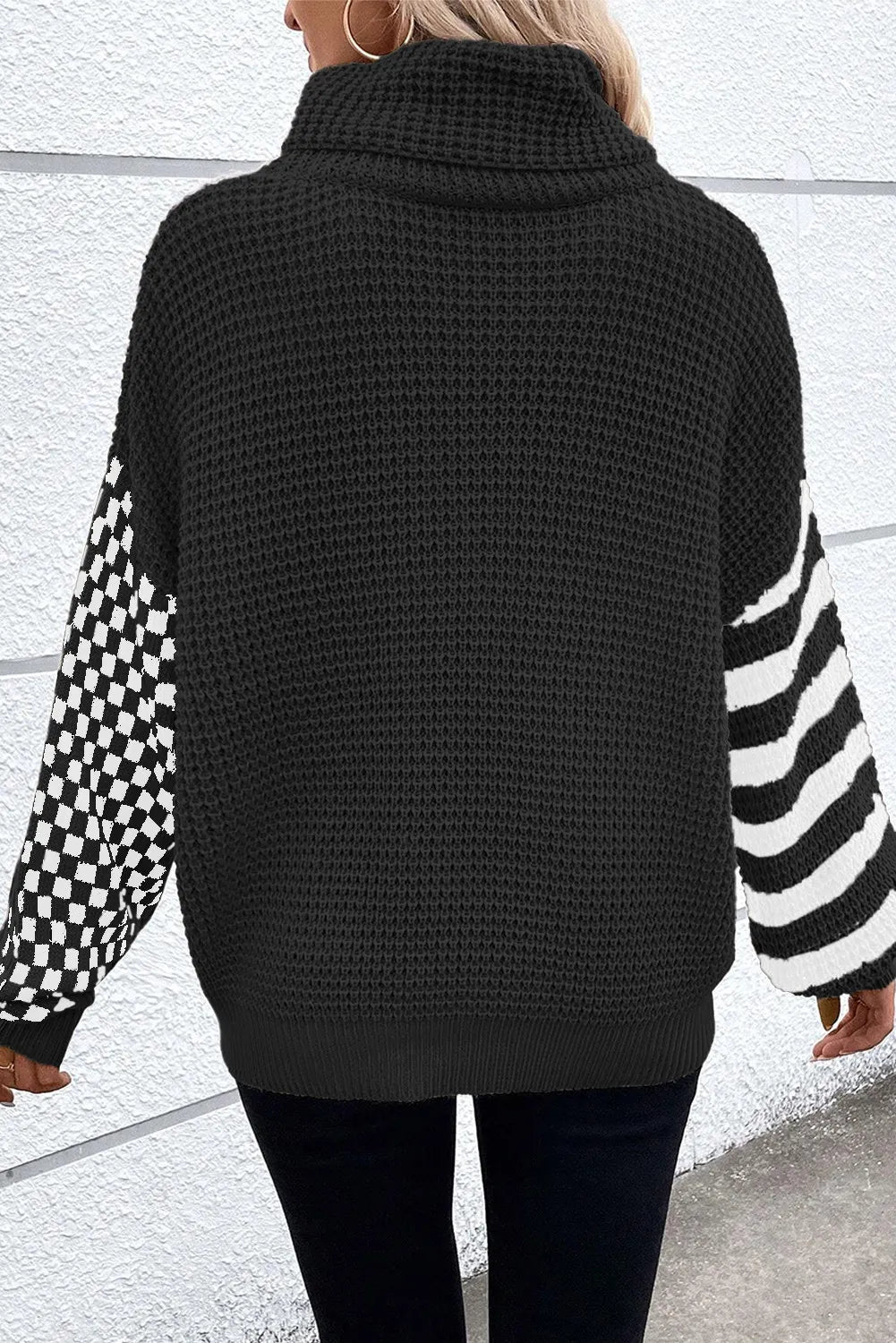 Checkered Striped Turtleneck Long Sleeve Sweater-TOPS / DRESSES-[Adult]-[Female]-2022 Online Blue Zone Planet