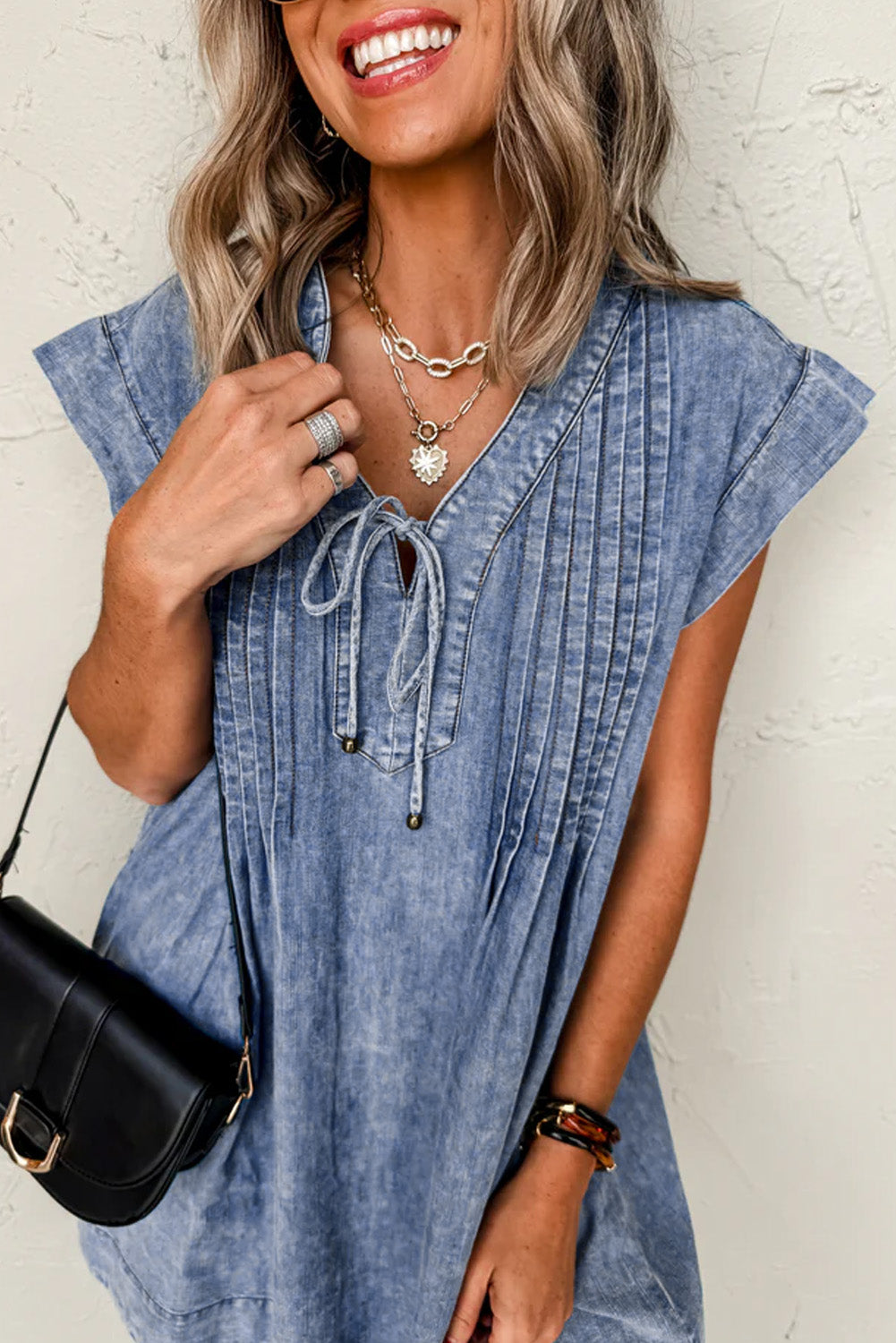 Beau Blue Tie V Neck Tucking Detail Short Sleeve Denim Shift Dress-TOPS / DRESSES-[Adult]-[Female]-2022 Online Blue Zone Planet