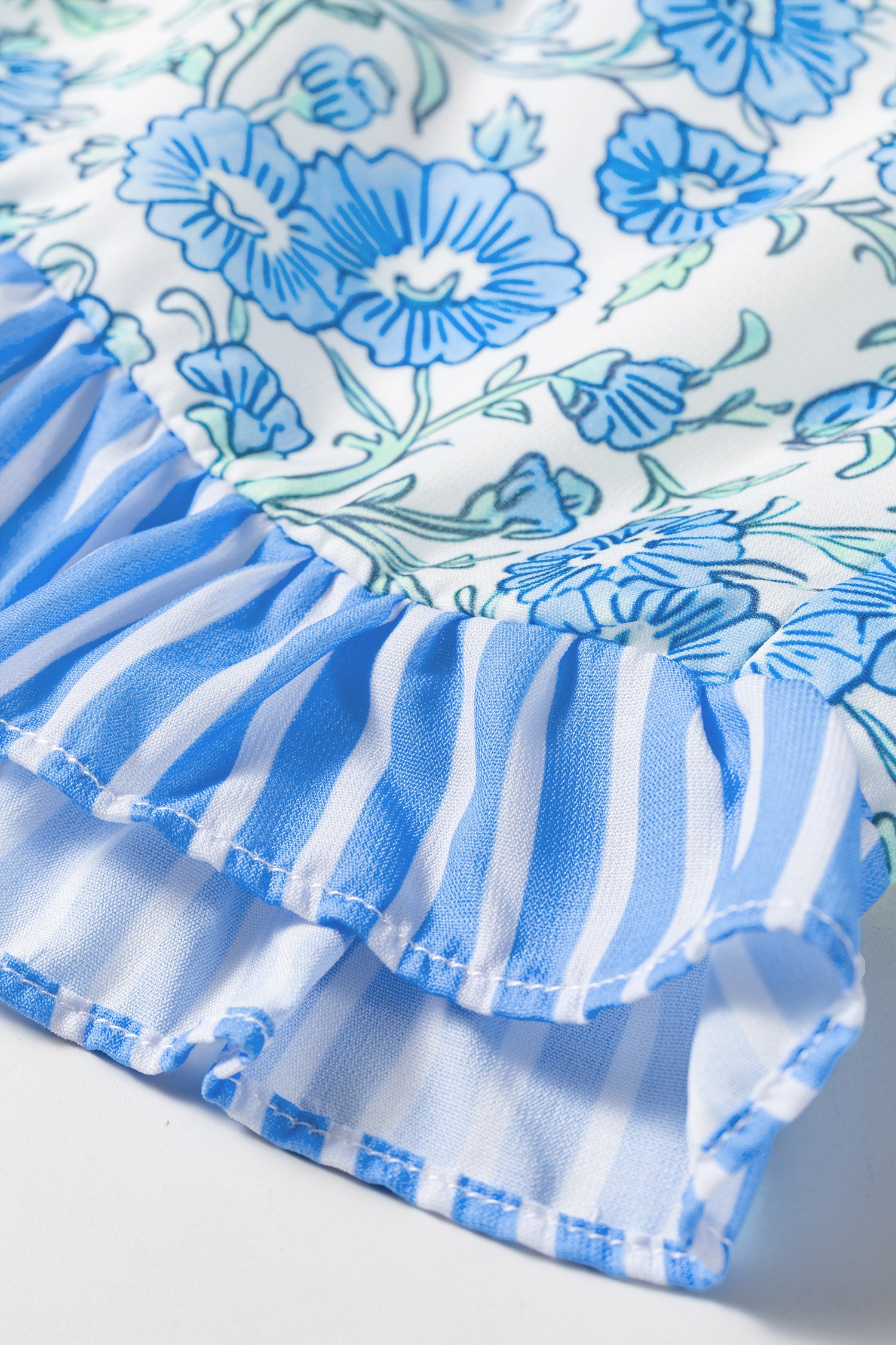 Sky Blue Summer Floral Striped Ruffle Hem Lace Tie Shorts-Bottoms/Casual Shorts-[Adult]-[Female]-2022 Online Blue Zone Planet