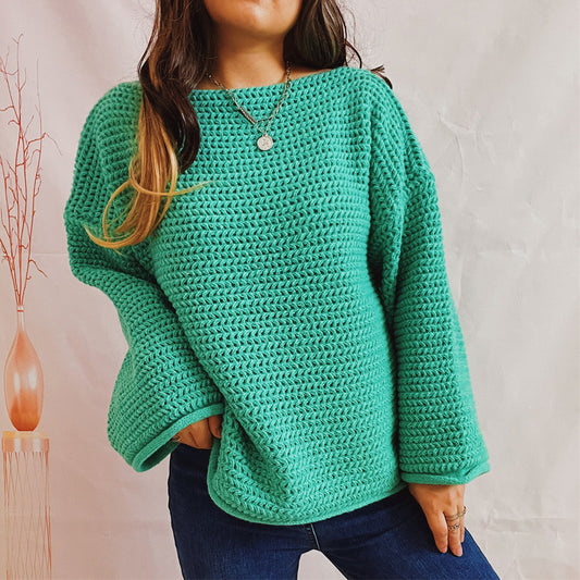 Openwork Boat Neck Long Sleeve Sweater-TOPS / DRESSES-[Adult]-[Female]-Mid Green-S-2022 Online Blue Zone Planet