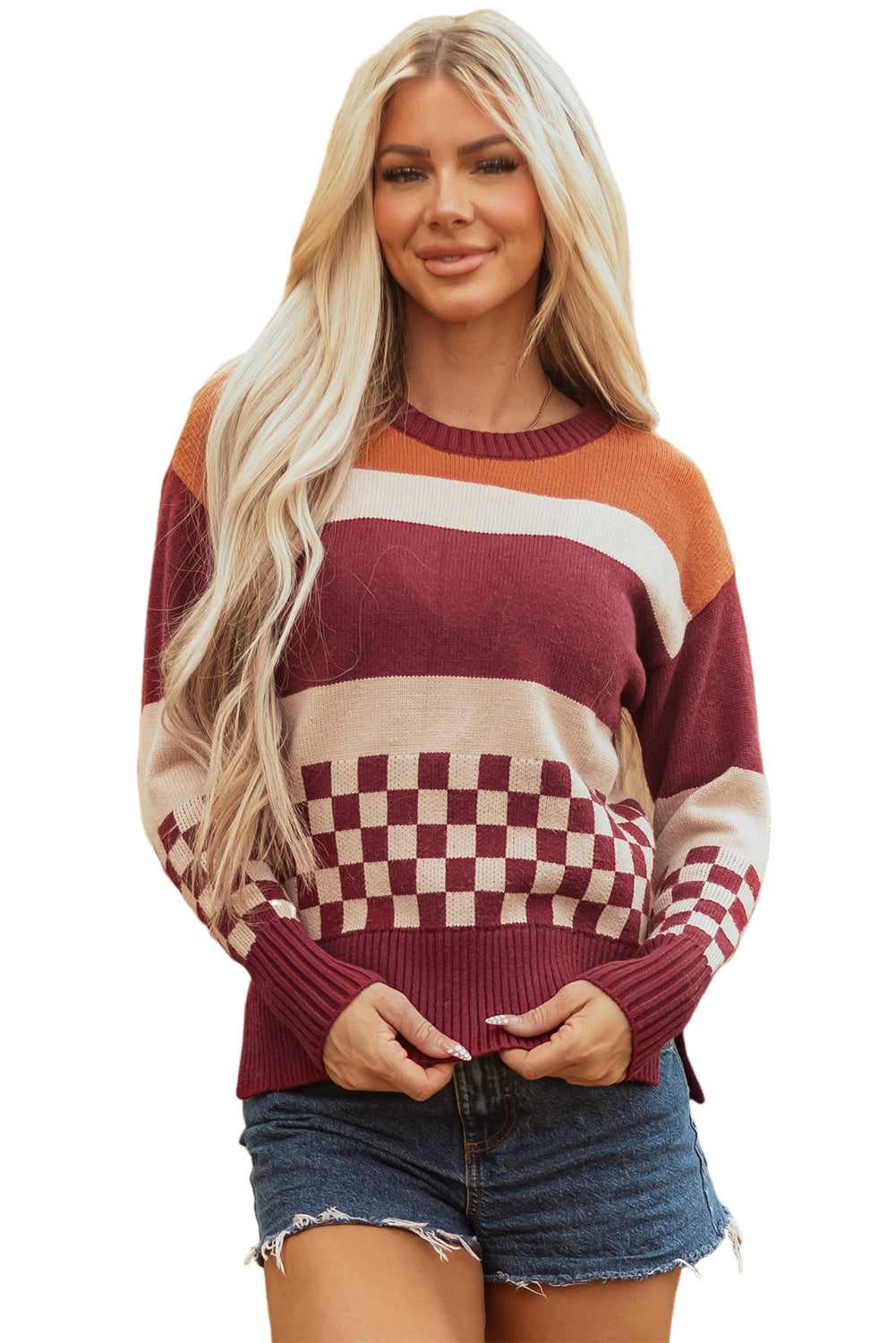 Brown Checkered Color Block Knitted Drop Shoulder Sweater-TOPS / DRESSES-[Adult]-[Female]-2022 Online Blue Zone Planet