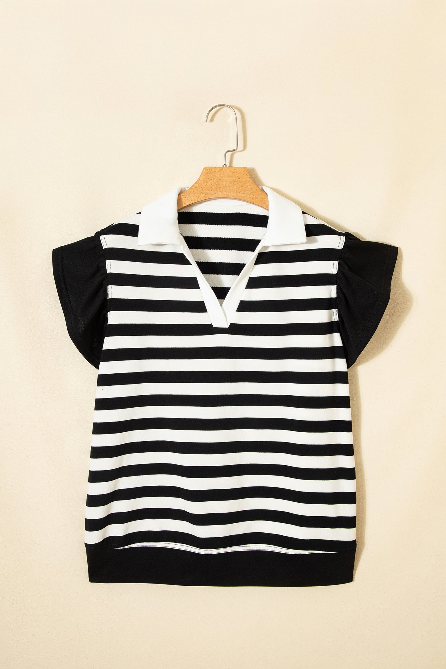 Black Stripe Collar V Neck Ruffled Short Sleeve Blouse-Tops/Blouses & Shirts-[Adult]-[Female]-2022 Online Blue Zone Planet