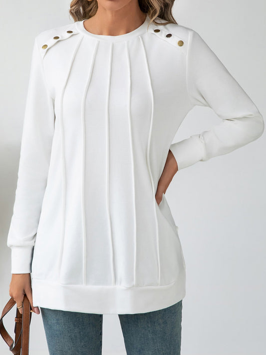 Side Slit Round Neck Long Sleeve Blouse-TOPS / DRESSES-[Adult]-[Female]-White-S-2022 Online Blue Zone Planet