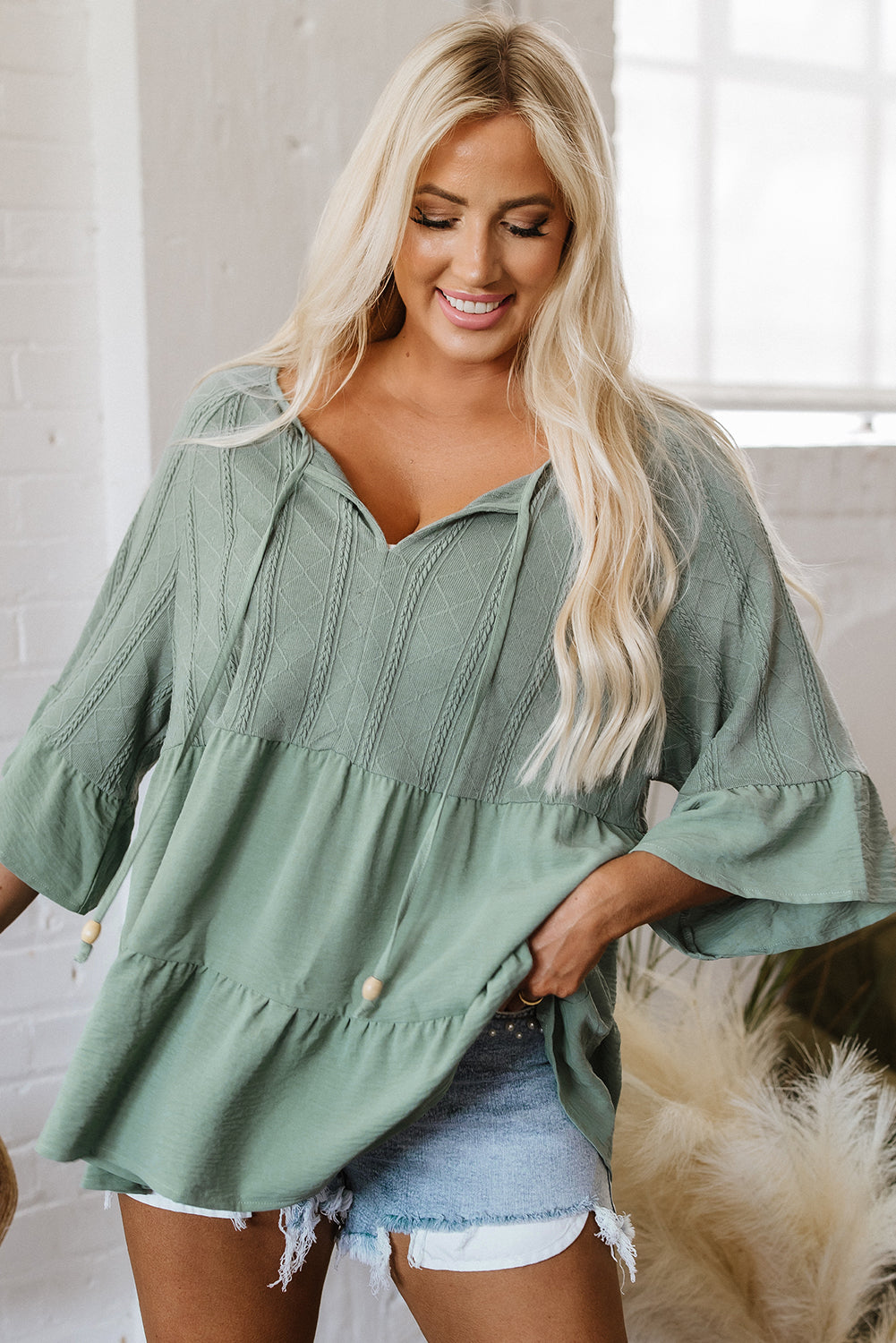Laurel Green Tie Split Neck Textured Ruffle Patchwork Blouse-Tops/Blouses & Shirts-[Adult]-[Female]-2022 Online Blue Zone Planet