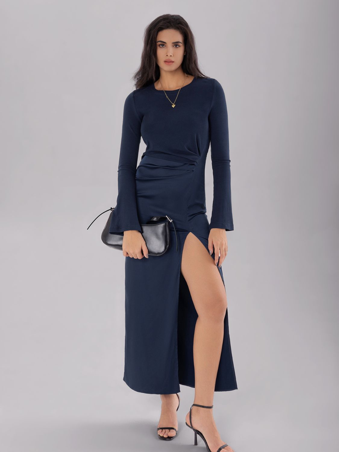 Split Round Neck Long Sleeve Midi Dress-TOPS / DRESSES-[Adult]-[Female]-2022 Online Blue Zone Planet