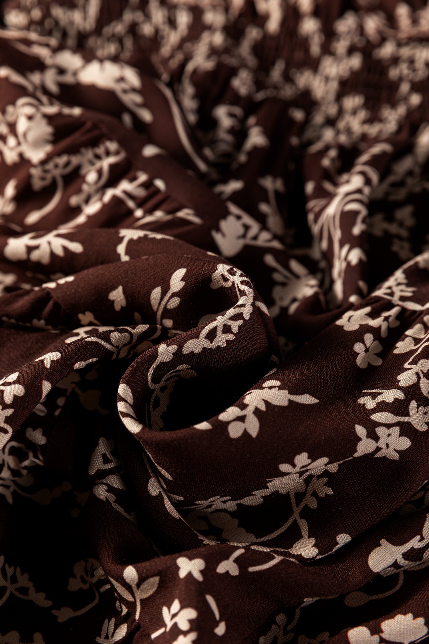 Brown Ditsy Floral Print Split Neck Long Sleeve Shirred Waist Flared Mini Dress-TOPS / DRESSES-[Adult]-[Female]-2022 Online Blue Zone Planet