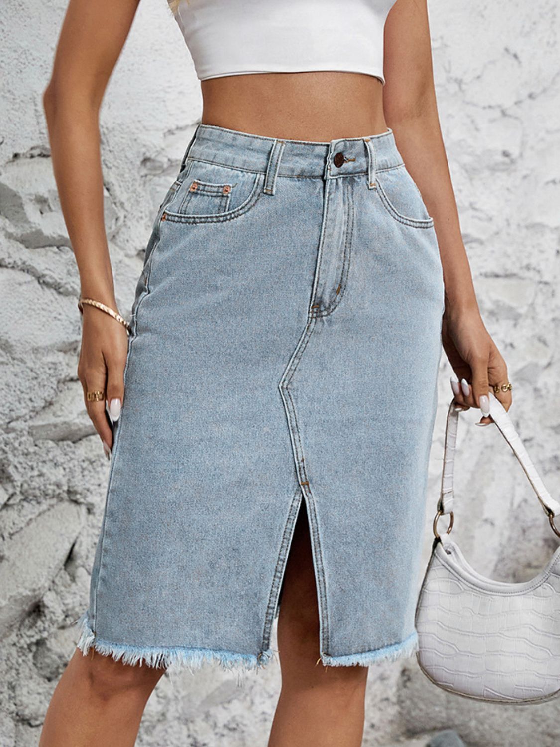 Raw Hem Slit Denim Skirt-BOTTOMS SIZES SMALL MEDIUM LARGE-[Adult]-[Female]-2022 Online Blue Zone Planet