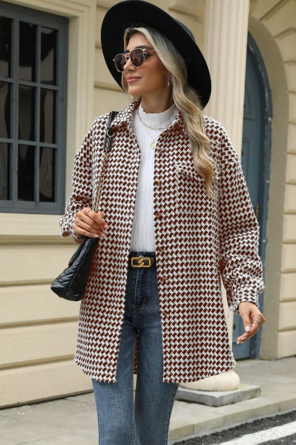 Houndstooth Button Up Dropped Shoulder Coat-TOPS / DRESSES-[Adult]-[Female]-2022 Online Blue Zone Planet