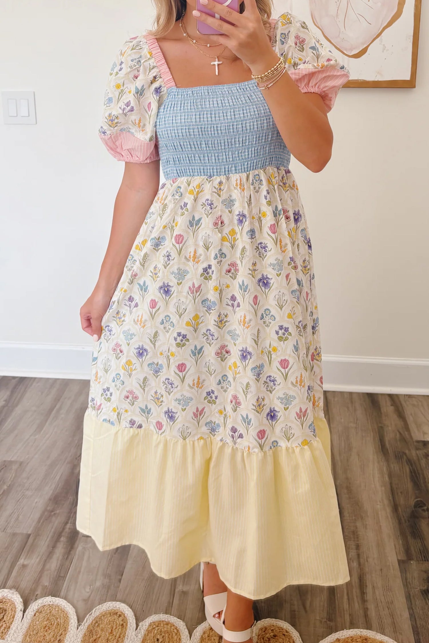 Multicolour Floral Print Striped Color Block Patchwork Square Neck Shirred Long Dress-Dresses/Floral Dresses-[Adult]-[Female]-Multicolour-S-2022 Online Blue Zone Planet
