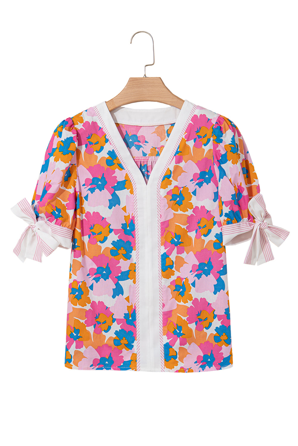 White Floral Colorblock Striped Edge V Neck Knotted Short Sleeve Blouse-Tops/Blouses & Shirts-[Adult]-[Female]-2022 Online Blue Zone Planet
