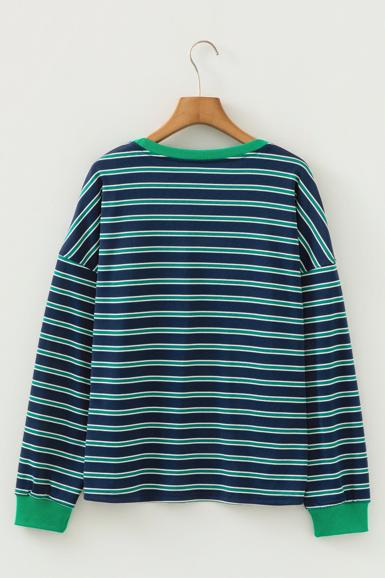Green Stripe Ribbed Color Block Patchwork Crew Neck Patch Pocket Long Sleeve Top-Tops/Long Sleeve Tops-[Adult]-[Female]-2022 Online Blue Zone Planet