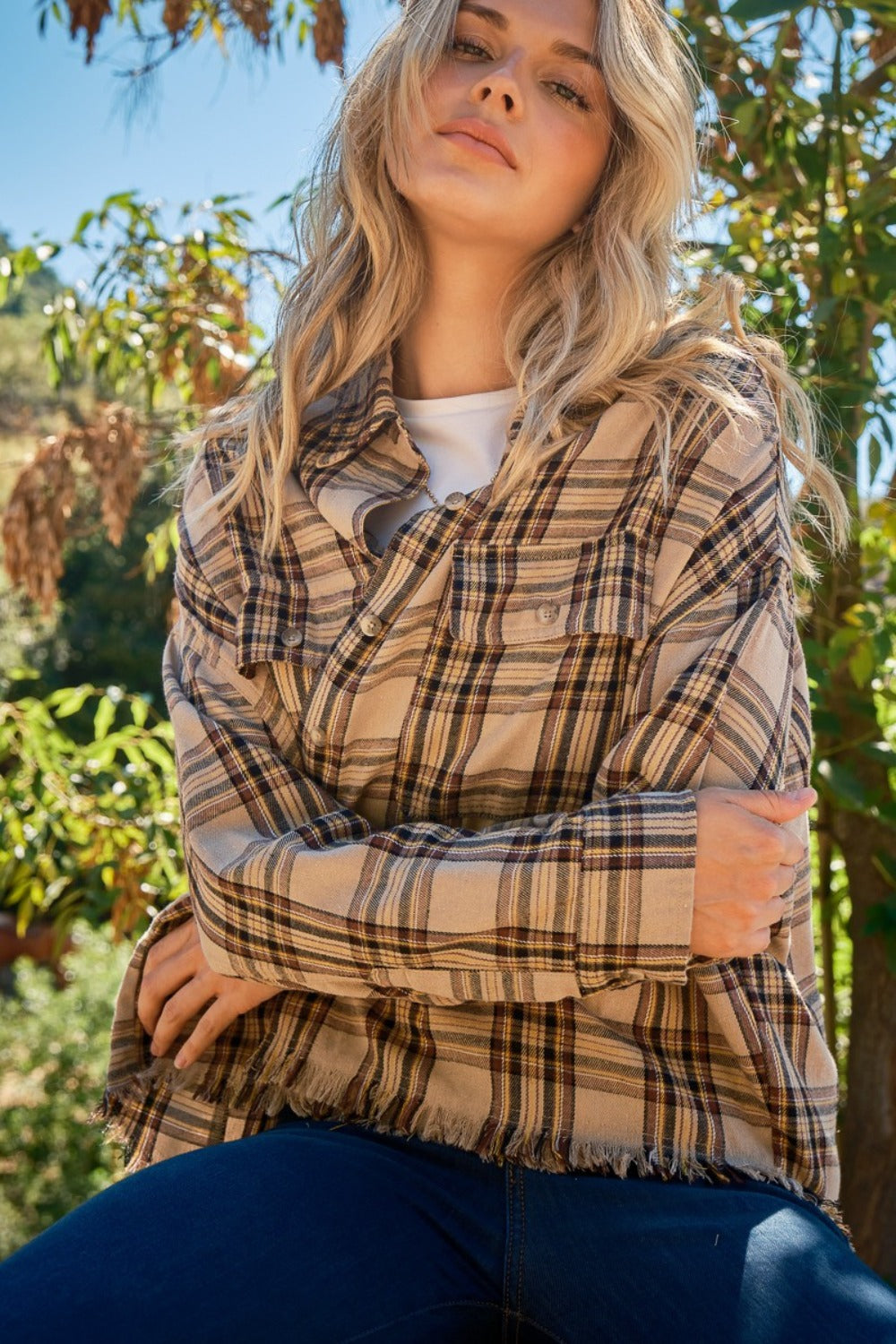 And The Why Full Size Button Up Raw Hem Plaid Shirt-TOPS / DRESSES-[Adult]-[Female]-2022 Online Blue Zone Planet