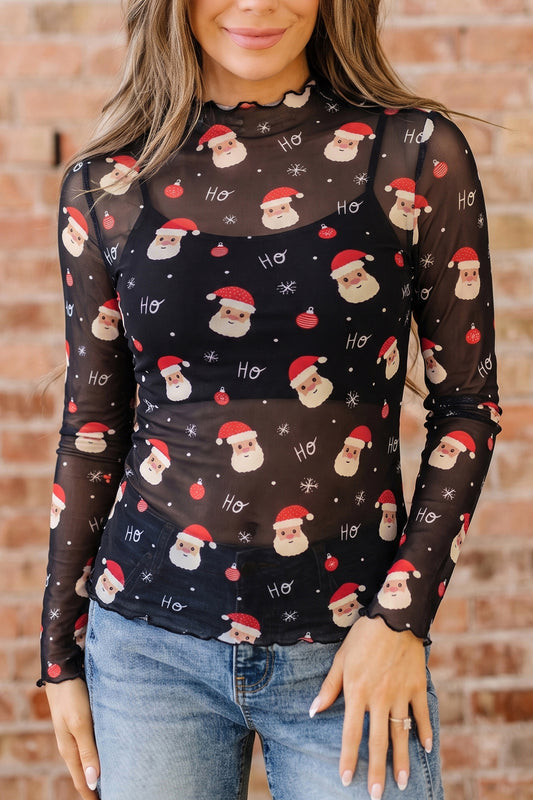 Black Santa Print Sheer Stand Neck Long Sleeve Top-Tops/Long Sleeve Tops-[Adult]-[Female]-Black-S-2022 Online Blue Zone Planet