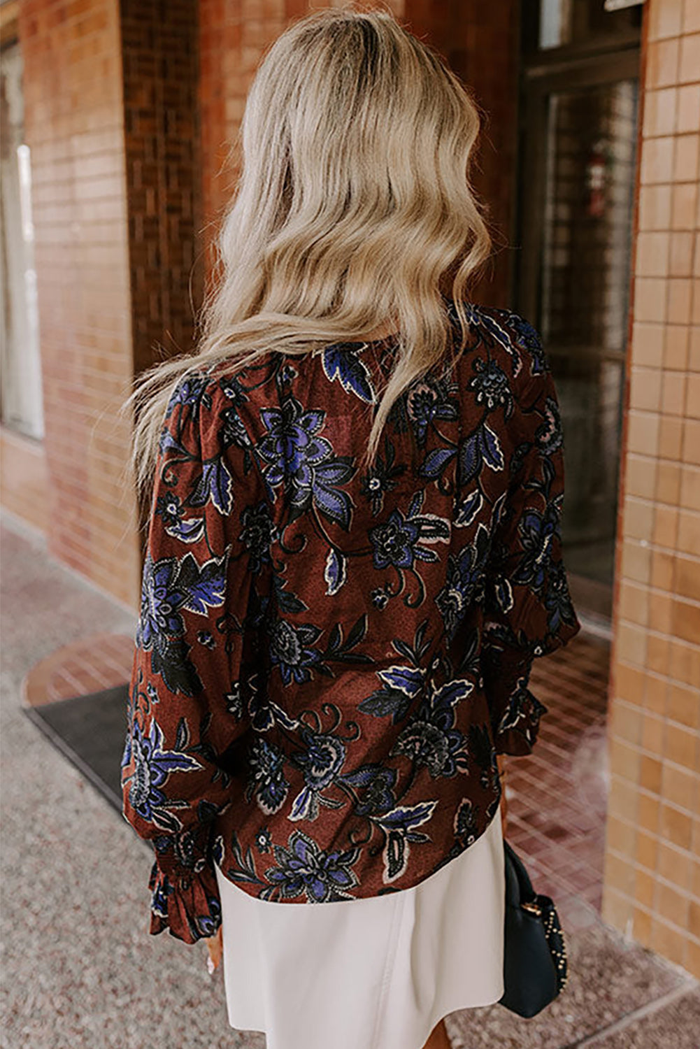 Brown Autumn Floral Print Smocked Cuffs Shift Blouse-Tops/Blouses & Shirts-[Adult]-[Female]-2022 Online Blue Zone Planet