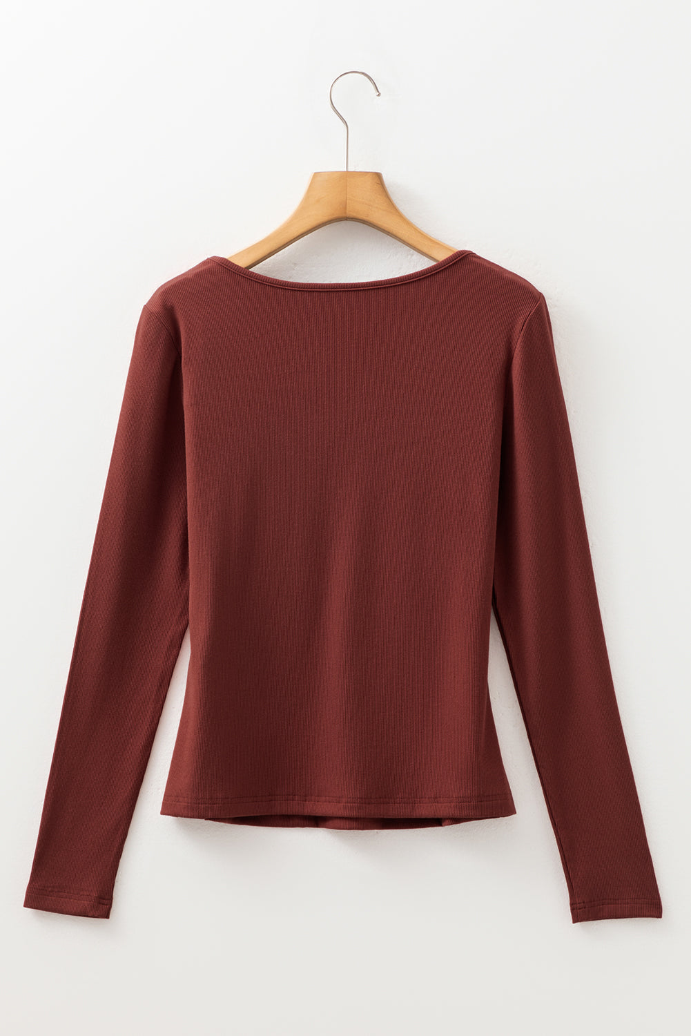Burgundy Gathered Bust Square Neck Ribbed Fit Long Sleeve Top-Tops/Long Sleeve Tops-[Adult]-[Female]-2022 Online Blue Zone Planet