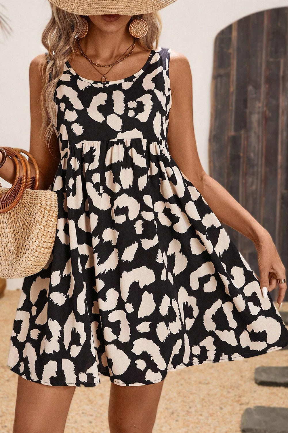 Black Leopard Print U Neck Sleeveless High Waist Dress-Short Dresses-[Adult]-[Female]-2022 Online Blue Zone Planet