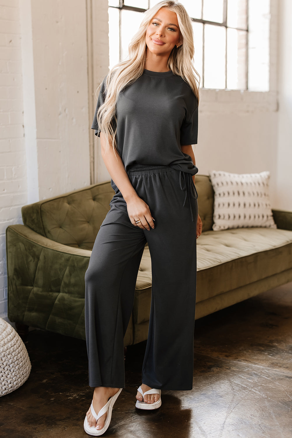 Dark Grey Drawstring Side Crewneck Tee and Loose Pants Set-Two Piece Sets/Pant Sets-[Adult]-[Female]-2022 Online Blue Zone Planet