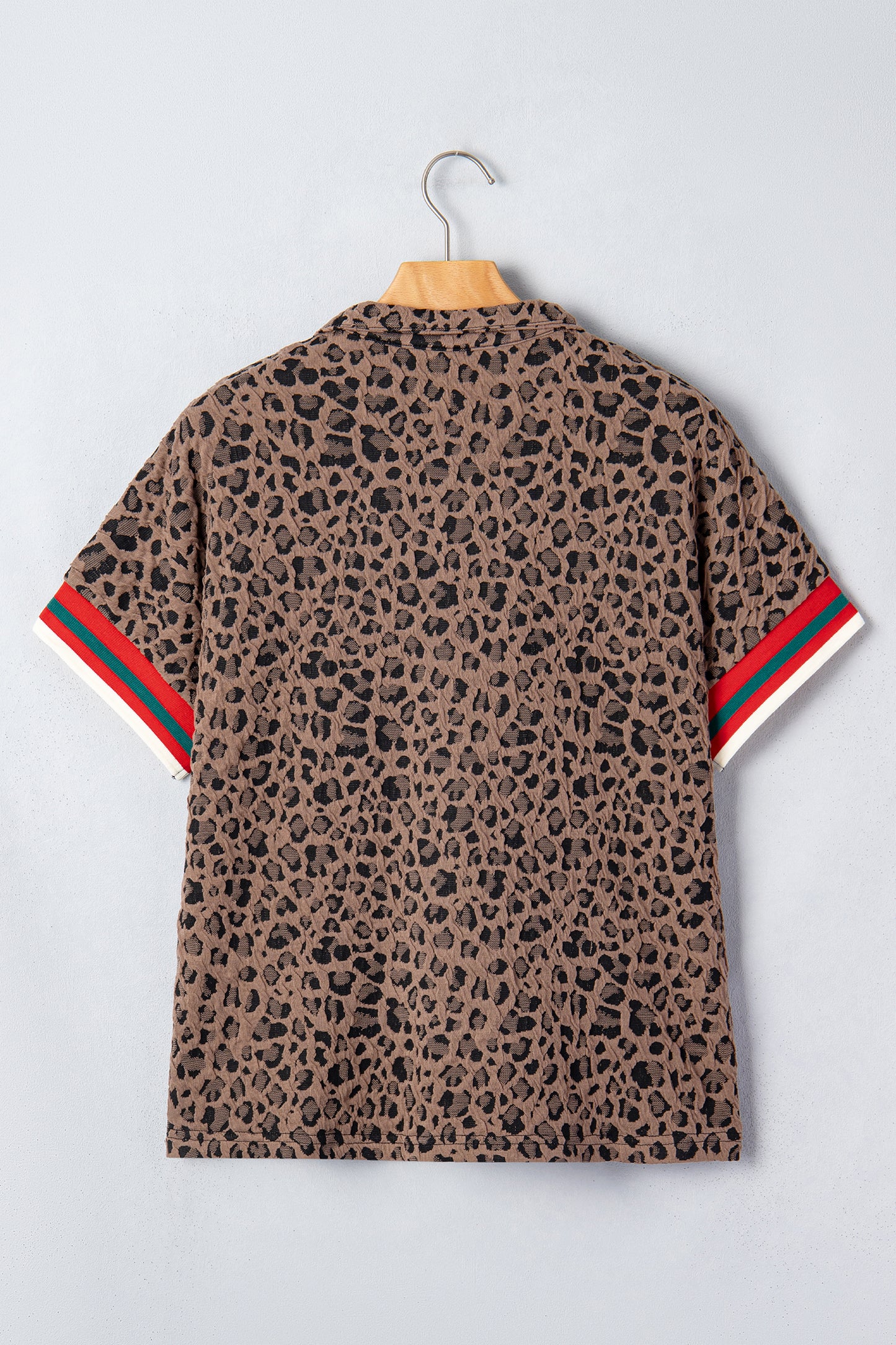 Brown Leopard Jacquard Striped Patchwork Half Zip Short Sleeve Blouse-Tops/Blouses & Shirts-[Adult]-[Female]-2022 Online Blue Zone Planet