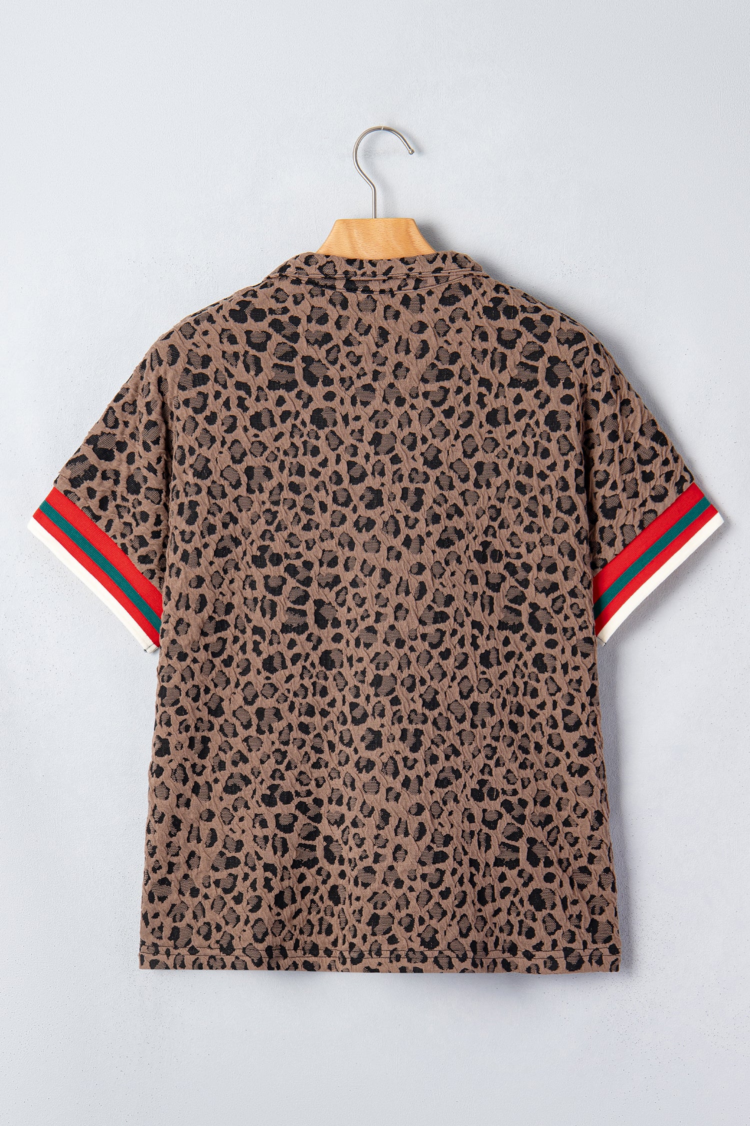 Brown Leopard Jacquard Striped Patchwork Half Zip Short Sleeve Blouse-Tops/Blouses & Shirts-[Adult]-[Female]-2022 Online Blue Zone Planet