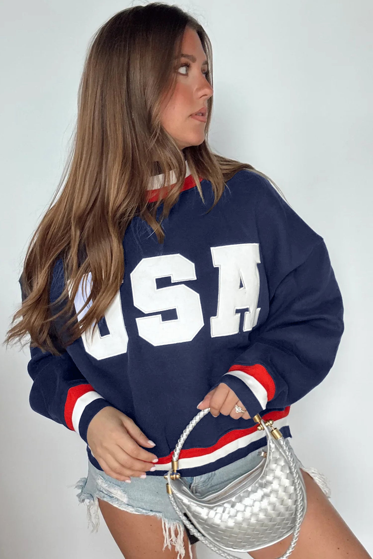 Dirty blue USA Slogan Patch Embroidery Colorblock High Neck Long Sleeve Sweatshirt-Tops/Sweatshirts & Hoodies-[Adult]-[Female]-2022 Online Blue Zone Planet