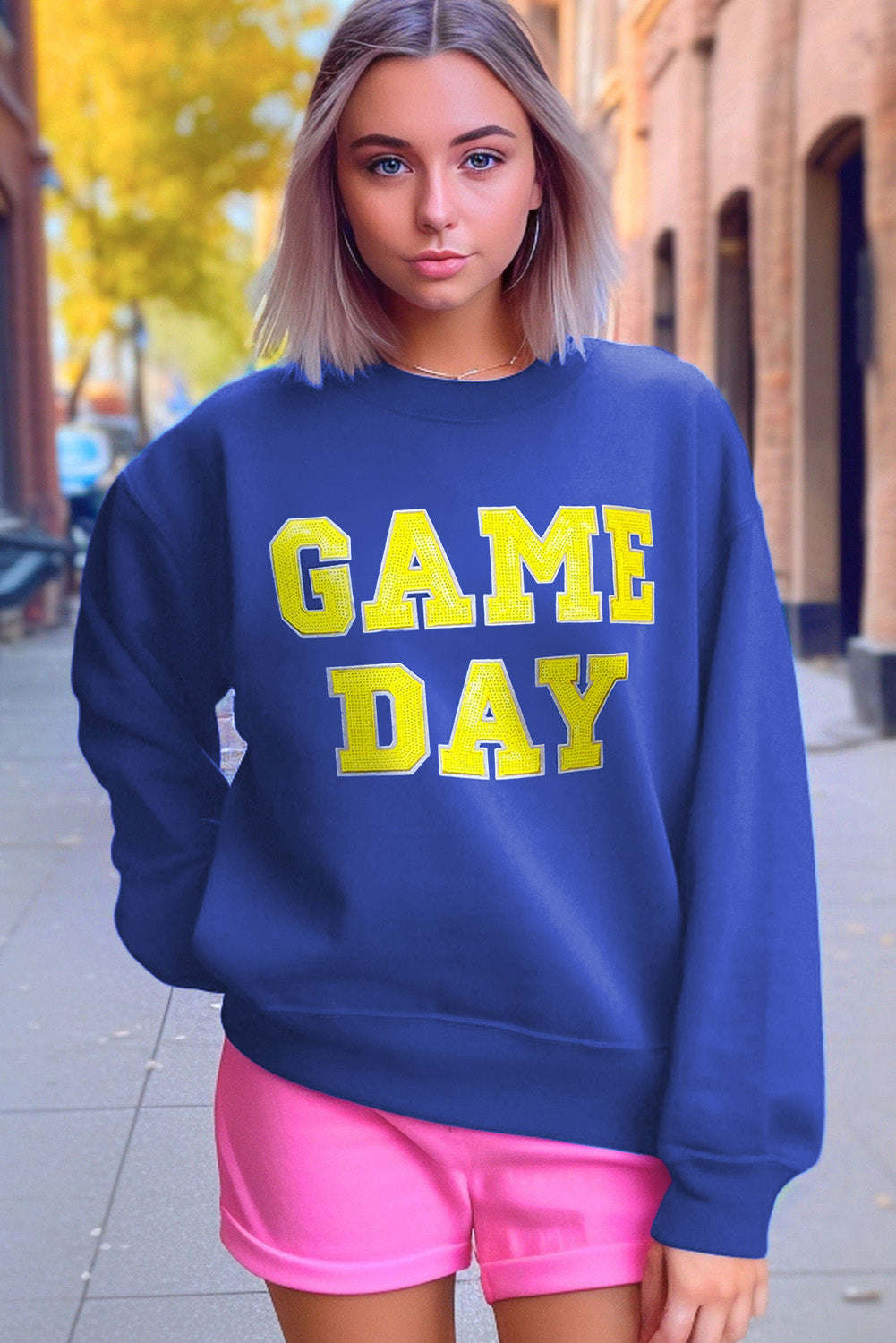 Dark Blue Game Day Crew Neck Graphic Pullover Sweatshirt-Tops/Sweatshirts & Hoodies-[Adult]-[Female]-2022 Online Blue Zone Planet