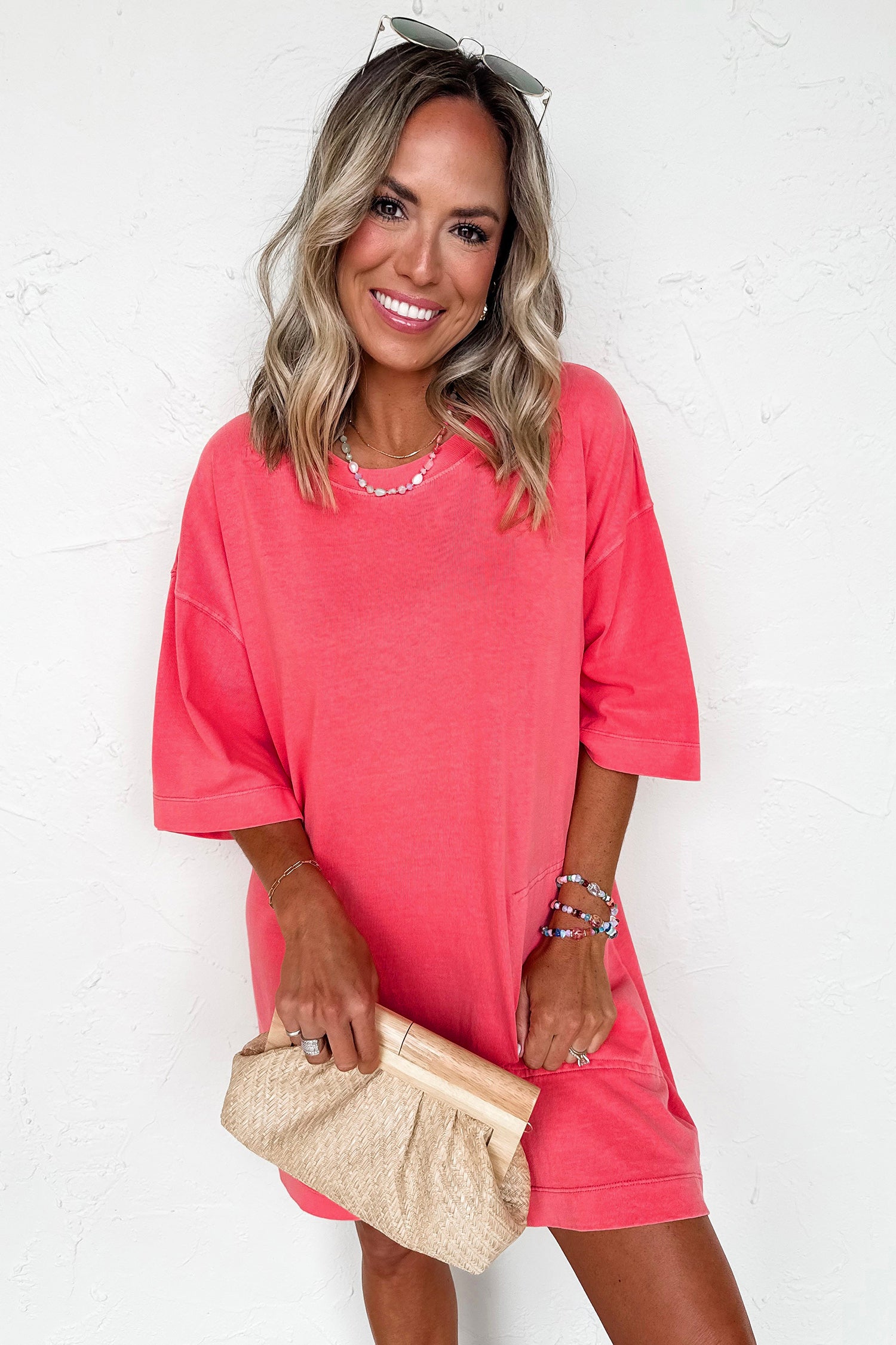 Coral Paradise Drop Shoulder Loose Casual T Shirt Mini Dress-Dresses/T Shirt Dresses-[Adult]-[Female]-2022 Online Blue Zone Planet