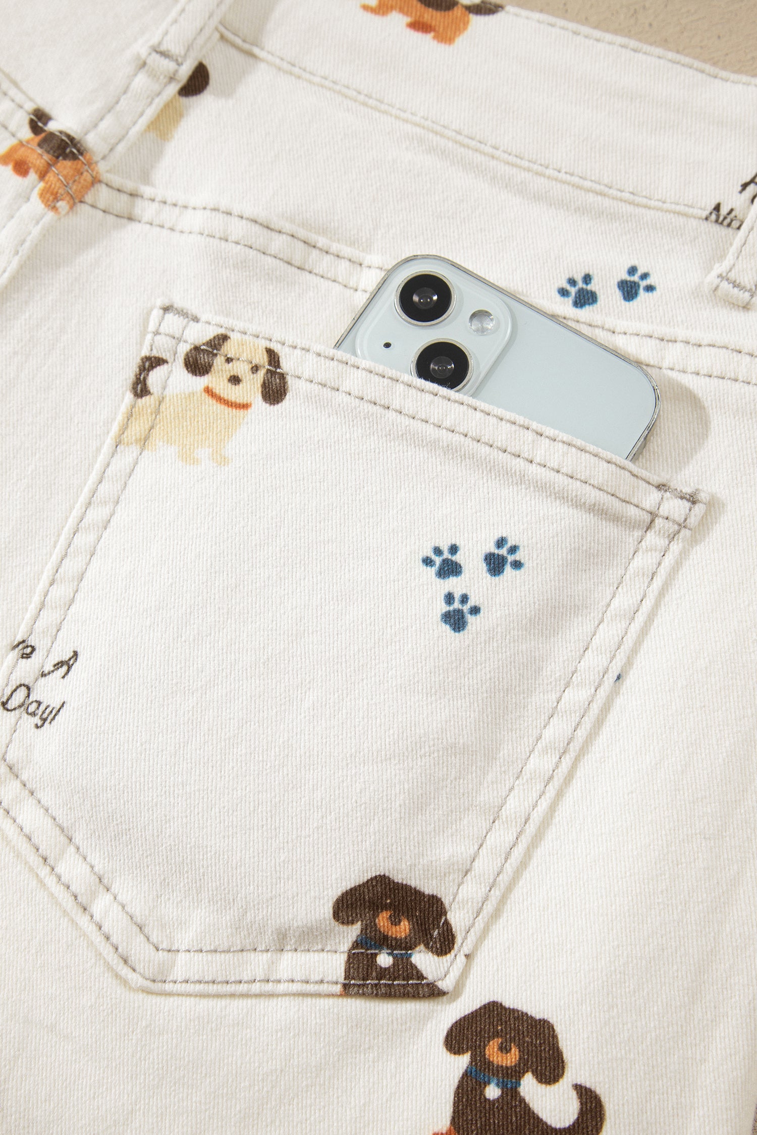 White Abstract Dog Print Wide Leg Full-Length Jeans-Bottoms/Jeans-[Adult]-[Female]-2022 Online Blue Zone Planet