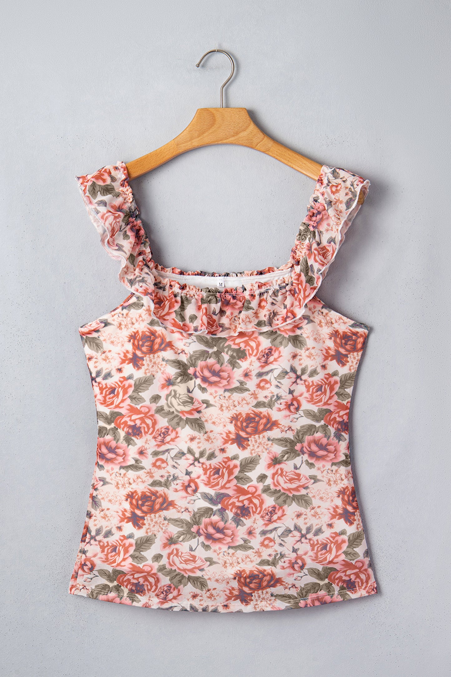 Multicolour Retro Floral Ruffle Trim Square Neck Tank Top-Tops/Tank Tops-[Adult]-[Female]-2022 Online Blue Zone Planet